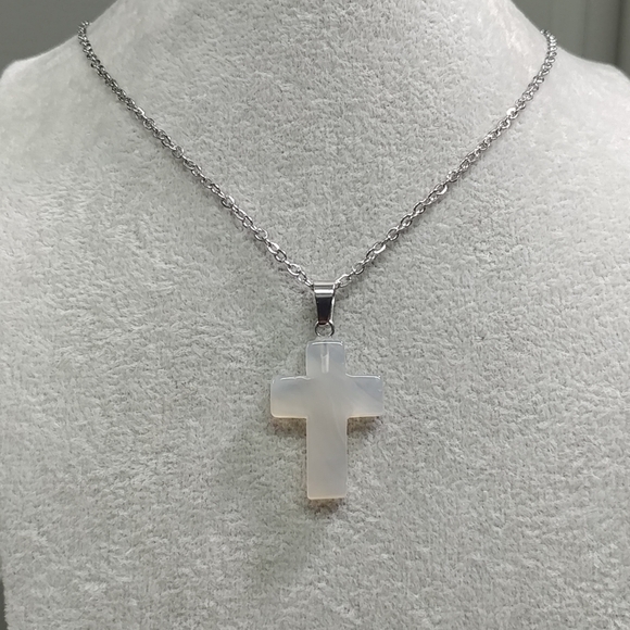 White Agate Cross 23.5" Necklace Natural Gemstone Crystal Pendant StainlessSteel - Picture 6 of 12